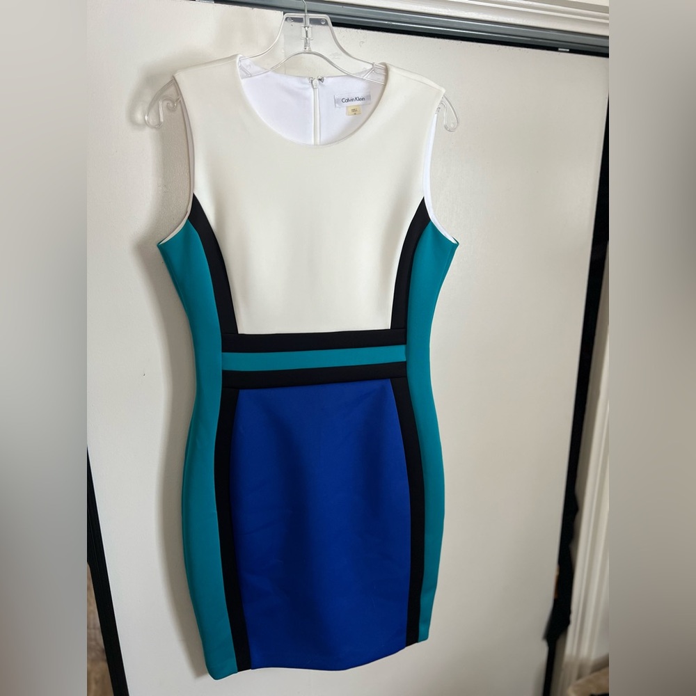 Calvin Klein White, Teal, and Blue Mini Dress